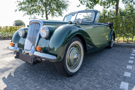 HUIZEN/NETHERLANDS-SEPTEMBER 1, 2018: a spectacular view of a rare classic Riley RDM Cabrio from 1949 at a classic car meeting