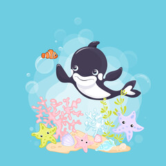 Killer Whale Vector Clip Art Illustration. Cute cartoon character. Sea life colorful background