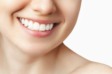 Obraz na płótnie Canvas Beautiful female smile after teeth whitening procedure. Dental care. Dentistry concept