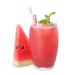 Tasty watermelon drink and fresh fruit on white background