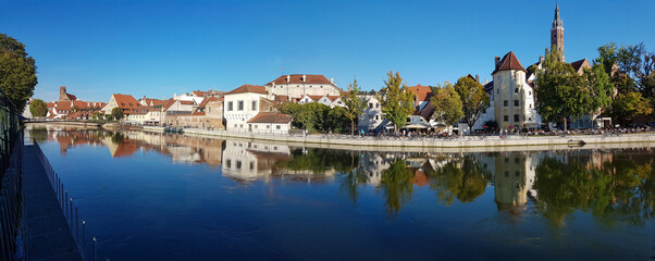 view over isar river to the old town of Landshut, upper bavaria