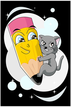 A little angry gray cat and cute yellow pencil blue eyed with him, design cartoon vector illustration