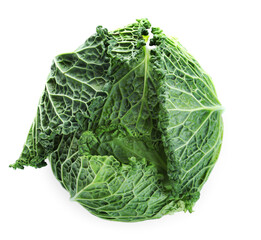 Fototapeta premium Fresh ripe savoy cabbage isolated on white, top view