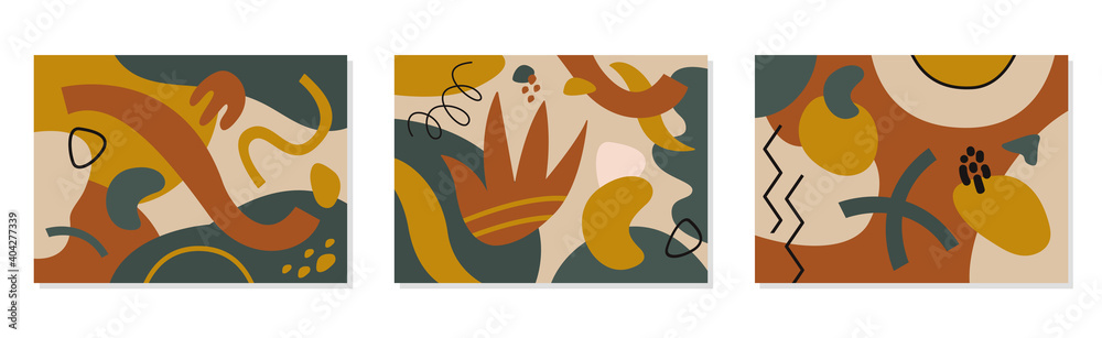 Poster Trendy set of abstract collages with colorful organic shapes and lines. Modern vector design backgrounds for social media, banners, covers, invitations
