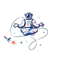 Funny astronaut meditating in space. Man in spacesuit sitting in calming lotus position. Space exploration fun entertainment vector illustration. Cosmonaut in universe, stars and planets - obrazy, fototapety, plakaty