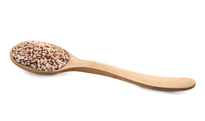 Wooden spoon with wheat grains isolated on white