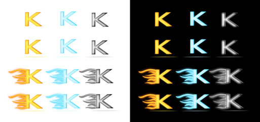 Vector set of K letter with fire flame, meatal and ice style