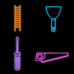 Set of bright glowing multicolored construction industrial neon signs for shop workshop service center beautiful shiny with ladder screwdriver spatula saw on black background. illustration