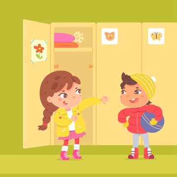 Girl and boy changing clothes at lockers in kindergarten. Little boy with ball and girl putting on coat in winter vector illustration. Locker with open door. Preschool children together