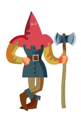 Medieval executioner with axe character. Hangman standing with weapon in Middle Ages period vector illustration. Man in hood clothing ready to execute isolated on white background