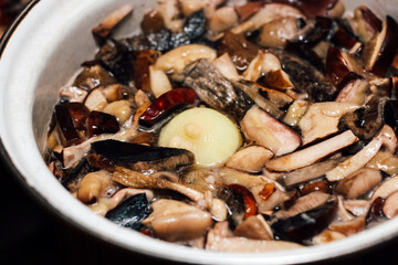 Cooking forest edible mushrooms. Boil chopped Imleria badia, Suillus, Leccinum in a saucepan.