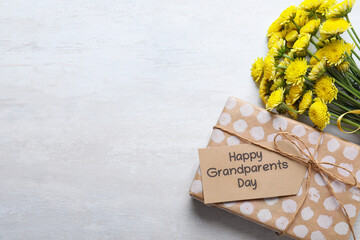 Beautiful yellow flowers, gift box and tag with phrase Happy Grandparents Day on light background,...