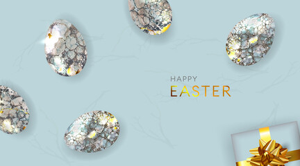 Happy Easter  background with realistic marble decorated eggs. Template for greeting card, ad, sales, poster.