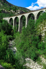 Fototapeta na wymiar Old railway bridge, made of stone and arches, over the river Coulomp, with forest and mountains around, blue sky, Provence-Alpes-Côte d'Azur region, Alpes de Haute Provence, France