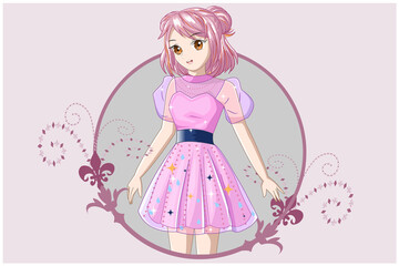 Fototapeta na wymiar A girl with short pink hair wearing a pink dress