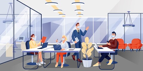 People in masks working in office. Workplace in coronavirus pandemic vector illustration. Men and women working with laptops and talking together. Horizontal panorama of workspace