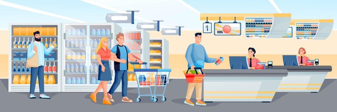 People At Supermarket Store Scene. Man Putting Food On Checkout Counter, Woman Sitting At Register, Couple With Cart, Man With Bag Vector Illustration. Horizontal Panorama At Grocery Store