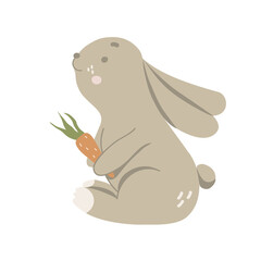 Rabbit with a carrot in his hands. Vector illustration. Isolated white background.
