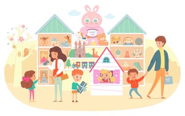 Fototapeta premium Toy and gift shop for kids. Parents with children buying toys vector illustration. Shelves with dolls, balls, bear, cars, robot, train, castle. Girl in house, boy with gift, boy crying