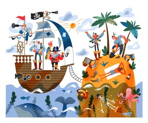Naklejka premium Pirate ship sailing to island with sailors digging treasure. Captain with parrot and sailors on ship in sea or ocean, pirates digging gold and money. Adventure and marine piracy vector illustration