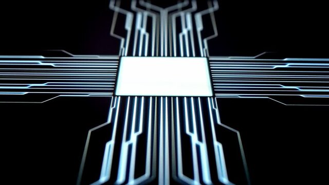 Human finger is pressing a digital button on a touchscreen. Futuristic microprocessor is starting the operation of the computer program. Machine learning and artificial intelligence concept.