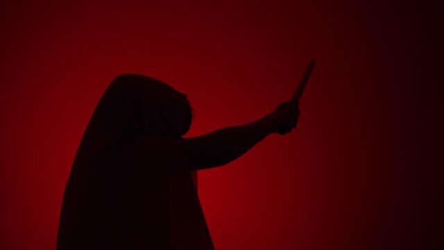Silhouette of japanese woman shadow fighter with katana swords performs show in the dark mystic red background. Asian epic battle training. Cinematic slow motion movements