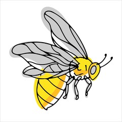 beautiful bee or wasp drawn in cartoon style. striped insect. yellow bee with blue transparent wings against a background of yellow honeycombs. vector illustration