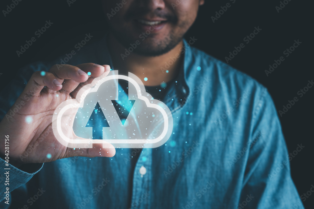 Aufkleber Man holding virtual cloud computing with connection line. Cloud computing is system for sharing download and upload big data information. technology, online, internet.