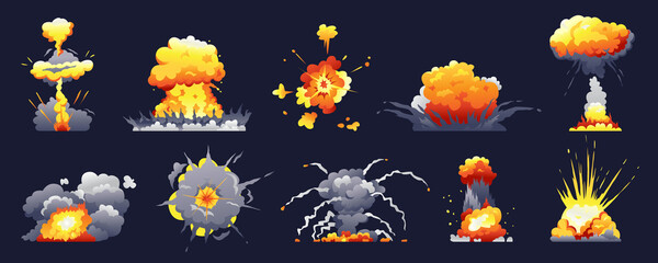 Fototapeta na wymiar Bomb and fire explosion isolated cartoon set. Vector realistic fiery boom, danger explosive bombs, detonation atomic clouds bursting over black. Dynamite detonator mobile and ui game animation icons