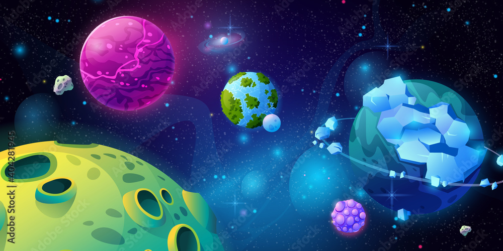 Poster Fantasy universe, galaxy with planets and celestial bodies made of craters and ice. Panoramic view of cosmos with constellation and fictional systems. Planetarium cartoon vector in flat style