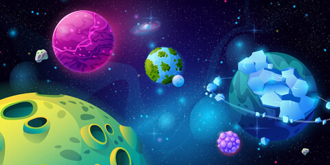 Fantasy universe, galaxy with planets and celestial bodies made of craters and ice. Panoramic view of cosmos with constellation and fictional systems. Planetarium cartoon vector in flat style © Sensvector