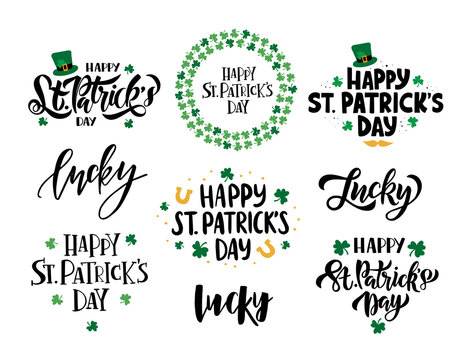 Happy Saint Patrick's day celebration illustration set. Hand drawn vector black lettering. Beer festival poster. Design for card, banner, mug, t-shirt.