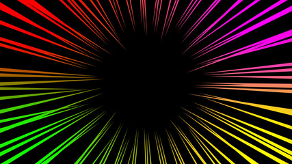 Colorful of radial shining speed line. Abstract fast motion in black background.