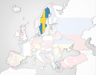 3D Europakarte auf der Schweden hervorgehoben wird und die restlichen Flaggen transparent sind