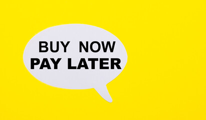 On a bright yellow background, white paper with the words BUY NOW – PAY LATER