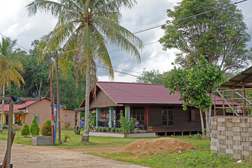 Barong Tongkok Kutai Barat, Indonesia - January 09, 2021: The traditional house belonging to residents in the village are made of wood and are environmentally friendly and have a beautiful atmosphere