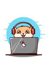 A cute hamster wearing earphone and playing the laptop illustration