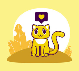 cute yellow cat with like flat design greeting card for valentine's day