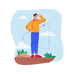 Man looking in distance from edge of cliff. Isolated boss or leader looking for opportunities for business and growth. Successful boss with future vision. Cartoon character, vector in flat style