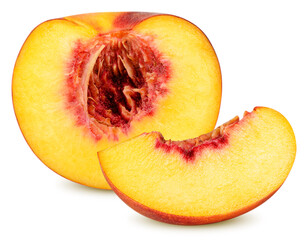 Isolated peaches (nectarines). The half of peach fruit in the cut and a slice of fresh peach isolated on white background with clipping path