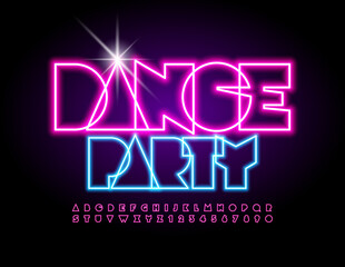 Vector creative poster Dance Party. Abstract Neon Font. Glowing light Alphabet Letters and Numbers set