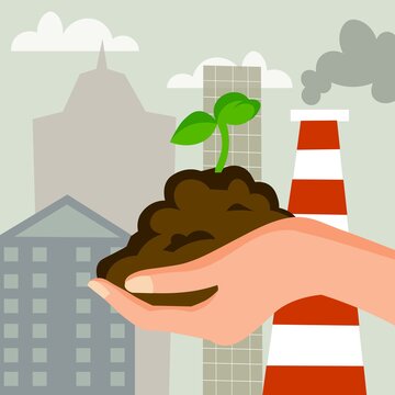 Mano sujetando trozo de tierra con una planta. Concepto de ecolog&iacute;a. Fondo de ciudad.