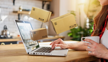 Woman does shopping through e-commerce online shop. Concept of fast delivery - obrazy, fototapety, plakaty