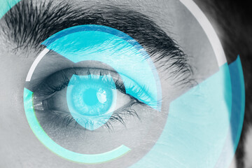 Close-up of male eye with round HUD display