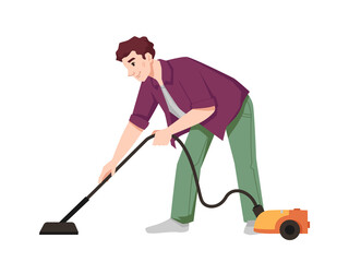 Guy vacuums flat with vacuum cleaner isolated flat cartoon character. Vector male doing housework chores, housekeeping and cleaning apartment. Husbands vacuuming house with hoover electric appliance