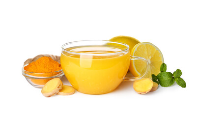 Immunity boosting drink with lemon, ginger, mint and turmeric on white background