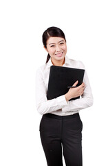 Businesswoman holding a pen and a portfolio