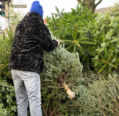 Mann entsorgt einen Weihnachtstannenbaum nach dem Weihnachtsfest