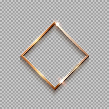 Golden rhombus frame for picture isolated on transparent background. Blank space for picture, painting, card or photo. 3d realistic modern template vector illustration. Simple gold object on wall