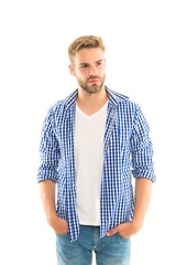 handsome young man wear checkered shirt. casual male fashion style. unshaven guy has groomed hair isolated on white background. hairdresser service concept. skin and hair care